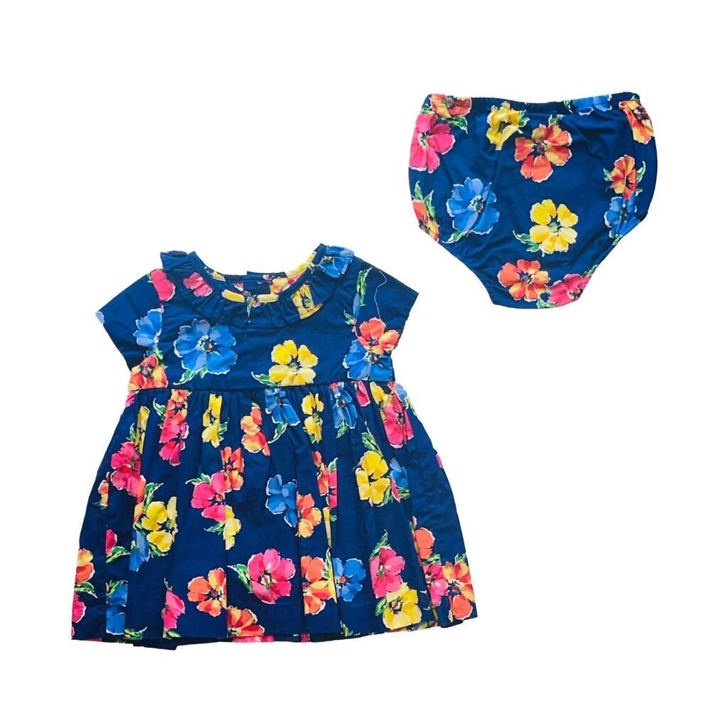 NEW RALPH LAUREN girl's cotton floral woven dress in blue